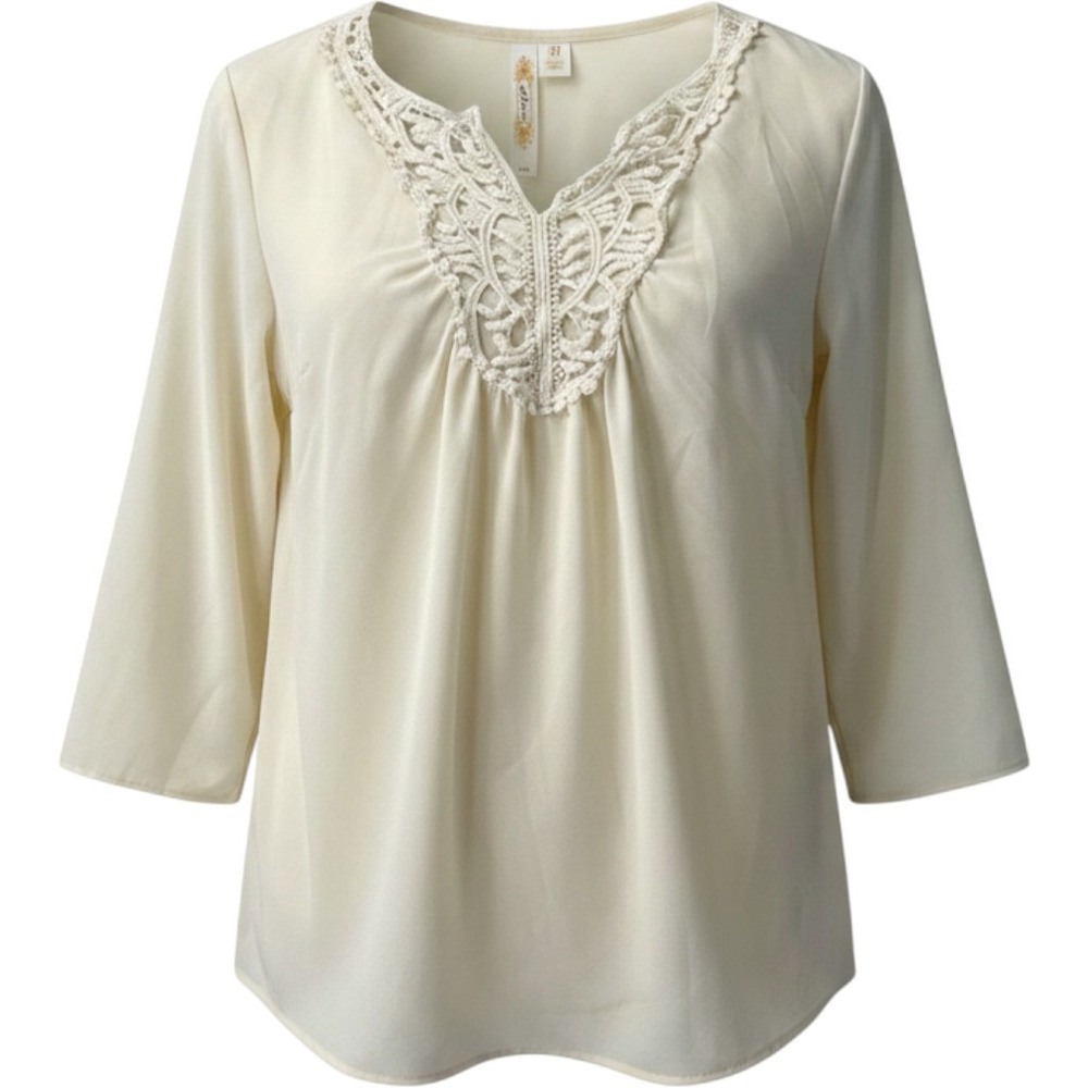 Adiva Ivory Crochet V-Neck Boho Blouse Cream 3/4 Sleeve Top Women's Medium